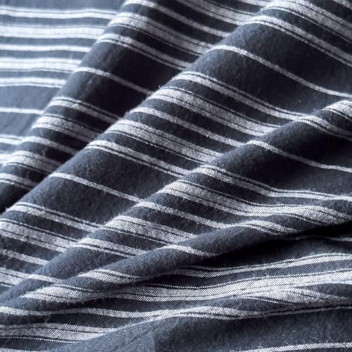 Image of VM VOUGEMARKET Blue White Stripe Duvet Cover Set - Soft Washed Cotton,Modern Neutral Ticking Pinstripe Minimalist, 3 Pieces,Navy Blue,Queen Size