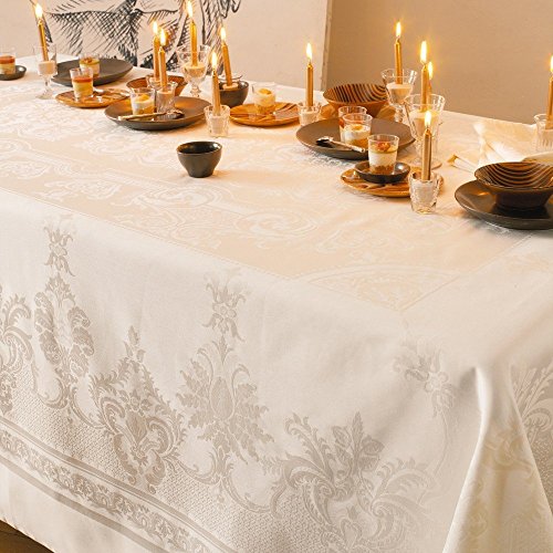 Garnier Thiebaut -Ivory Beauregard French Damask Cotton Tablecloth - 75" X 122", 100% Two-Ply Twisted Cotton, Made In France #TOP22