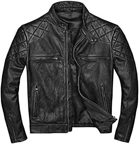 Mens Vintage Cafe Racer Quilted Motorcycle Black Biker Sheepskin Leather Jacket