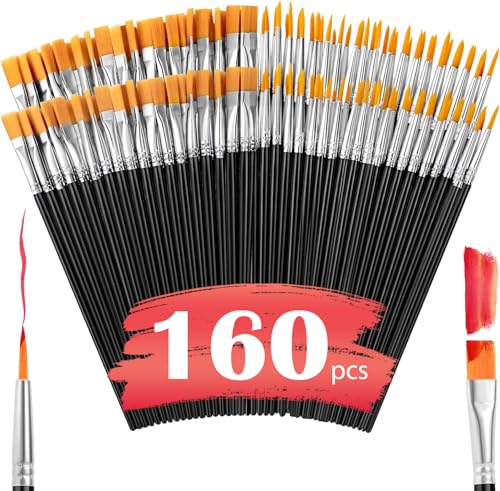 Image of AROIC Small Paint Brushes Bulk,160 Pcs Black Nylon Hair Paint Brushes | Kids Flat Tip Round Acrylic Paint Brush Set,Acrylic Paint Brush kits for Classroom Oil Watercolor Face Painting Touch Up