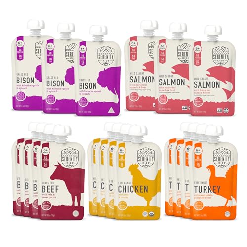 Serenity Kids 6+ Months Ethically Sourced Meat Baby Food Puree Pouches Variety Pack - 18 count (3.5 oz pouches) - No Added Sugar or Sugary Fruits - BPA & Allergen Free Natural Ingredients