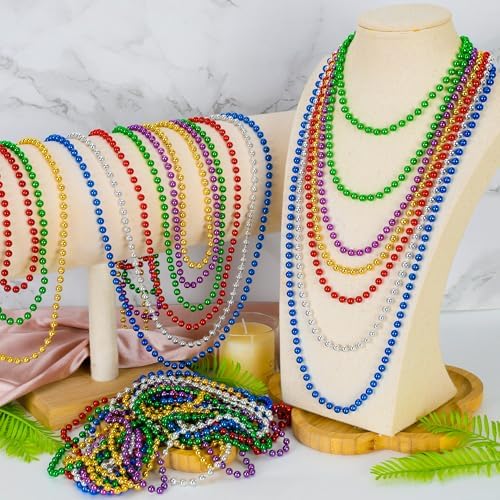 Huskein 12 PCS Mardi Gras Beads Necklaces, 33" 6 Kinds Color Beaded Stuff Set, Festival Parade Favors, Colorful Assorted Carnival Costume Accessories for Christmas Parade Party Favors Decorations — view 3