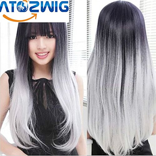 ATOZHair Harajuku Ombre Wig Black T White Straight Natural Synthetic Wigs Heat Resistant Halloween Cut Bangs Anime Cosplay Wigs by ATOZHair