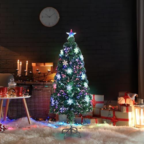 Outopee 4ft Fibre Optic Christmas Tree with Multi-Colour Changing and 20 Light Snowflakes, Top Star, 130 Branch Tips, Pre-lit Green Artificial Xmas Tree for Holiday Home & Office Decoration
