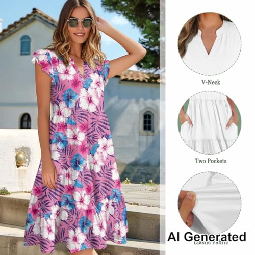 Image of Women's Casual Ruffle Sleeve Dress V Neck Pullover Dress Flowy A-Line Pleated Lightweight Dress with Pockets