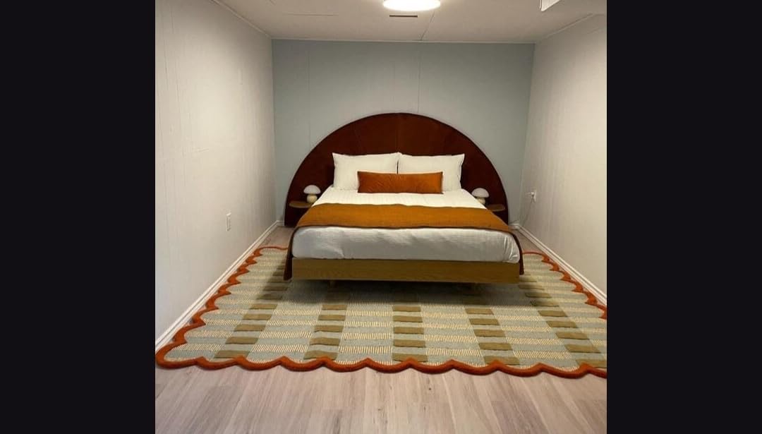 Area Rug with Scalloped Border, Geometric Checkered Pattern, Blue Tan Orange, Handwoven Textured Design (240 * 300 cm)