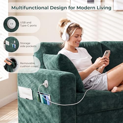 Image of 87 inch Loveseat Sofa for Living Room, Chenille Couch with USB /Type-C Charging Ports, Side Pockets, Removable Cover, Wide Armrests, Small Couch for Small Space, Easy to Assemble, Green