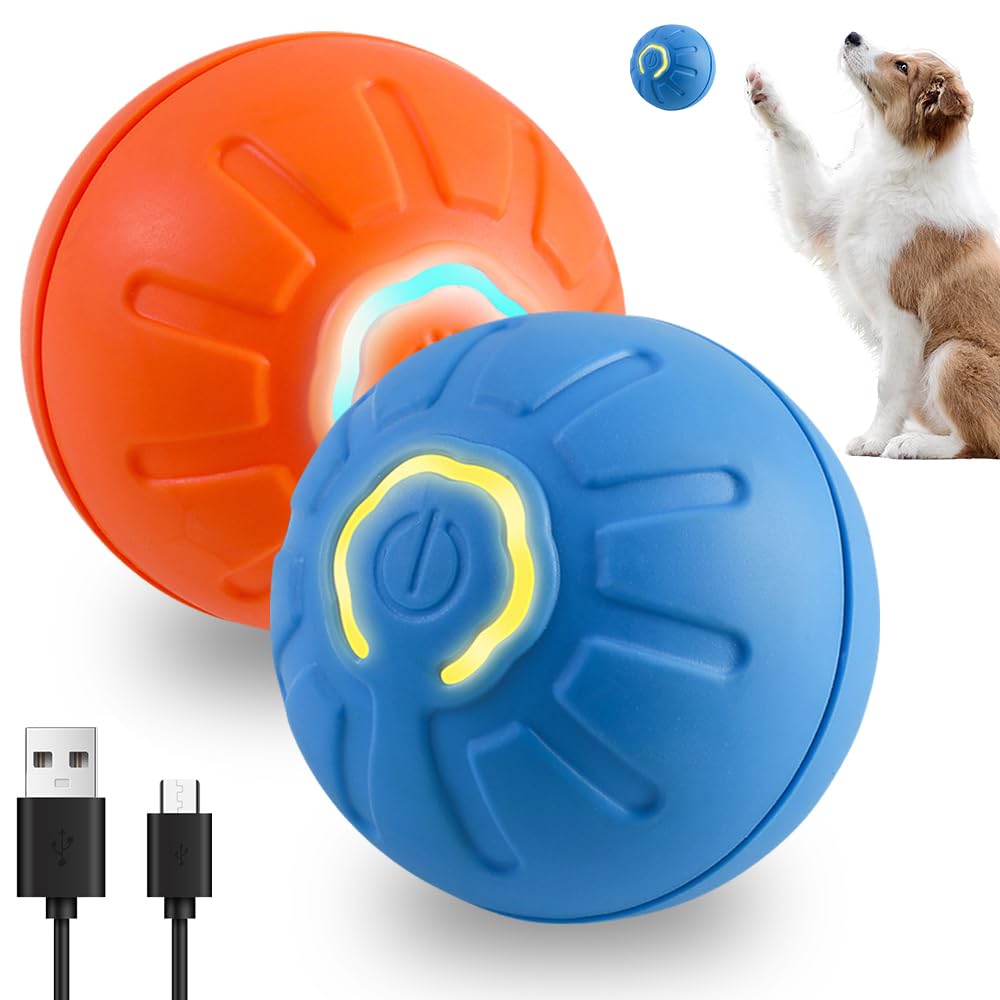 Interactive Rolling Ball - LED Light Dog Toy, High Bounce Rubber Ball for Kittens & Puppies - Rechargeable, Automatic (Blue+Orange)