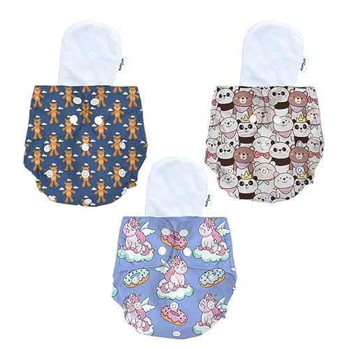 Image of Bumtum Baby Diaper | 0-3 Yrs Baby Freesize | Pack of 3, New Born Baby Diaper, Cloth Diaper, Waterproof Reusable Diaper, 5hrs Absorbency, Washable, Cotton, Extra Soft (Teddy, Unicorn & Teddy Face)
