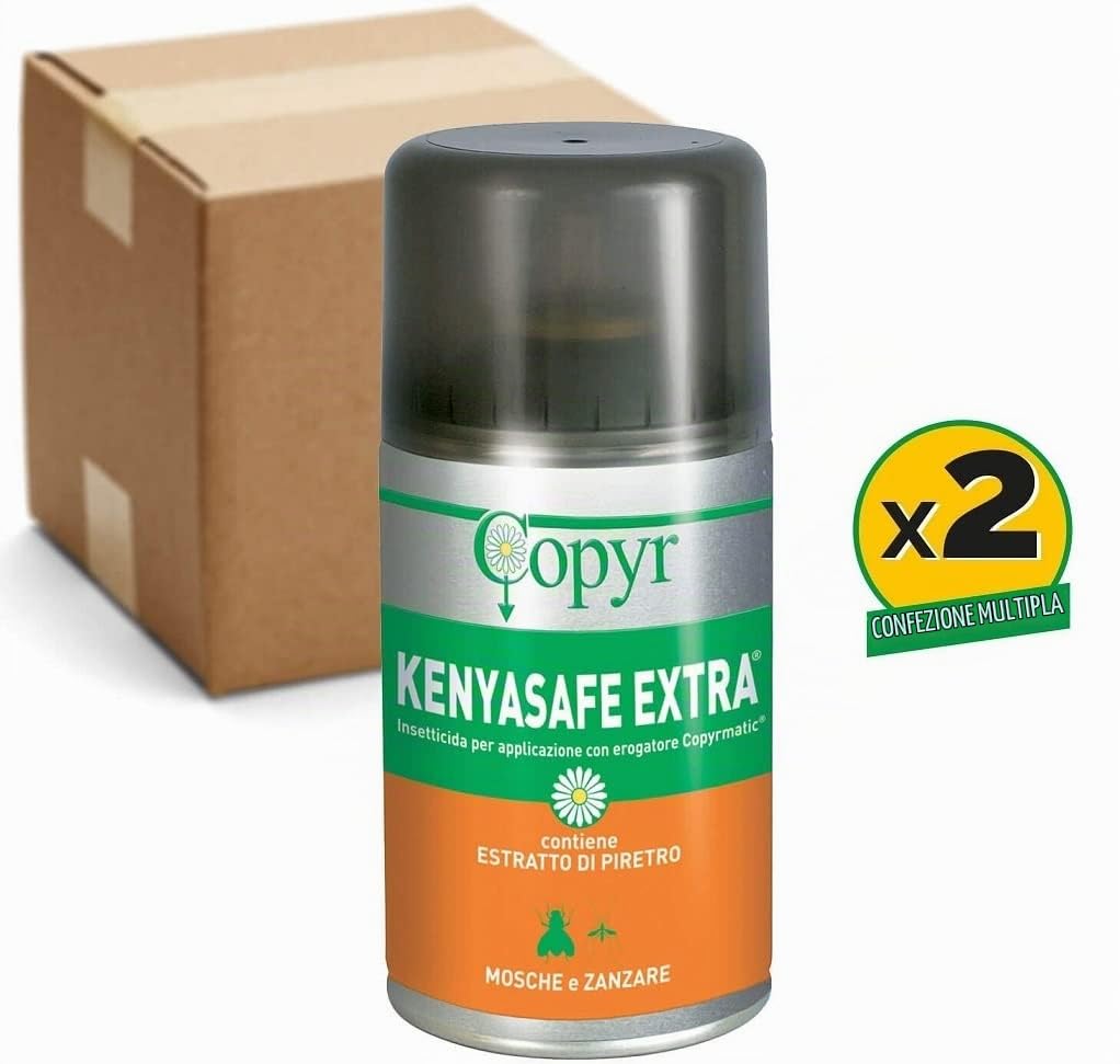 COPYR | Kenyasafe Extra con Erogatore ZZ Paff: Insetticida Pronto all'Uso Contro Insetti Volanti, Mosche e zanzare - Kit 2 Bombole 250ml, Erogatore Automatico e Batterie (2)