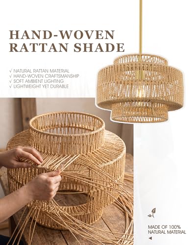 Image of 12.5 inch Gold Boho Rattan Chandelier, 3-Tier Hand Woven Shade