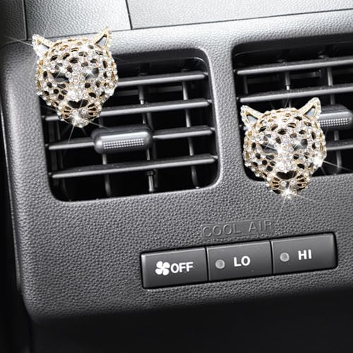 Image of Mandark Bling Leopard Car Air Vent Clip, 2PCS Crystal Rhinestone Vehicle Air Outlet Cheetah Print Decoration, Automotive Interior Ornament Accessories, Universal for SUV Sedan Truck (Gold)