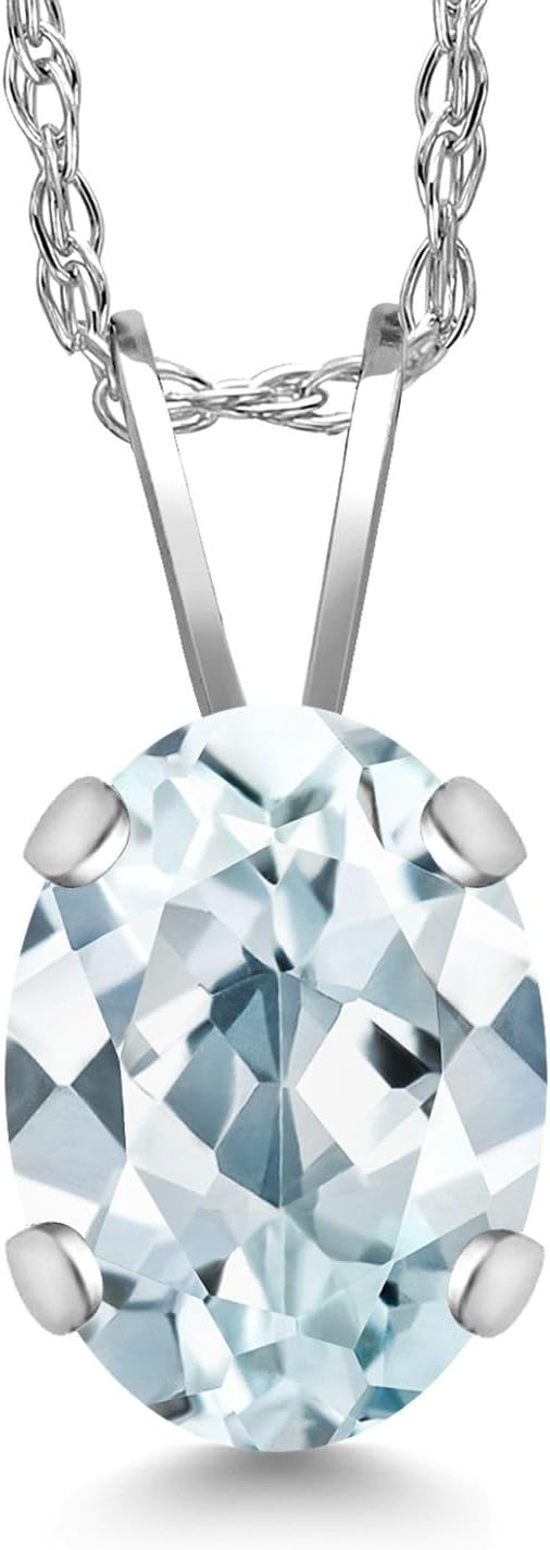 Gem Stone King 14K White Gold Sky Blue Aquamarine Solitaire Pendant Necklace For Women | 1.20 Cttw | Gemstone March Birthstone | Oval 8X6MM | With 18 Inch Chain