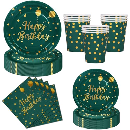 Nkaiso Platos y Vasos para Cumpleaños, 50 Piezas Verde Oscuro Oro Platos Carton Desechables, 10x 23cm & 10 x 18cm Platos Fiesta, 10 Vasos, 20 Servilletas - Para decoración de cumpleaños -10 Invitados