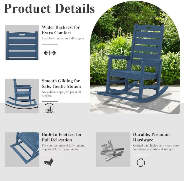Oversized Patio Adirondack Rocking Chair with Footrest HDPE Frame Rocking Chair with Slat Seat,Navy