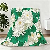 Genérico Manta con Estilo Japonés Flores Hojas Verdes Crisantemos, 100 x 140 cm Suave y Cálida Sofa Manta de Franela - Acogedora y Peluda Frazada de Felpa para Otoño Invierno Decoración, Crema