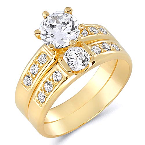 Wellingsale Ladies Solid 14k Yellow Gold Polished CZ Cubic Zirconia Round Cut Engagement Ring with Side Stones and Wedding Band Bridal Set