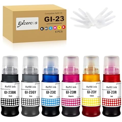 EXCERCUS GI23 GI-23 Refill Ink Replacement for Canon GI-23 GI23 Ink Bottles Compatible with Canon PIXMA G620 Printer (6-Pack 70ML, Black Cyan Magenta Yellow Red Gray) Cover
