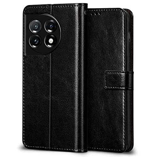 Image of WOW IMAGINE Shock Proof Flip Cover Back Case Cover for 1+ OnePlus 11R 5G (Flexible | Leather Finish | Card Pockets Wallet & Stand | Black)
