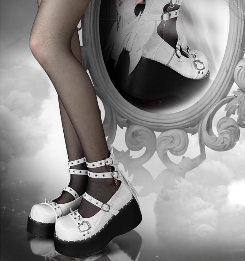 ZQW Gothic Y2K Mary Jane Platform Shoes for Women Round Toe Devil Wings Metal Studs Chunky Adjustable Buckle Strap Punk Chic Cosplay Halloween Shoes3