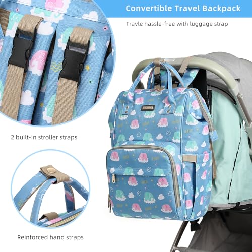 Image of Diaper Bag Backpack, Diaper Bags for Baby Girls Boys, Baby Bags for Moms Dads, Nappy Changing Bag with Insulated Pockets,Multi-functional Waterproof Backpack with Stroller straps-Deep blue elephant