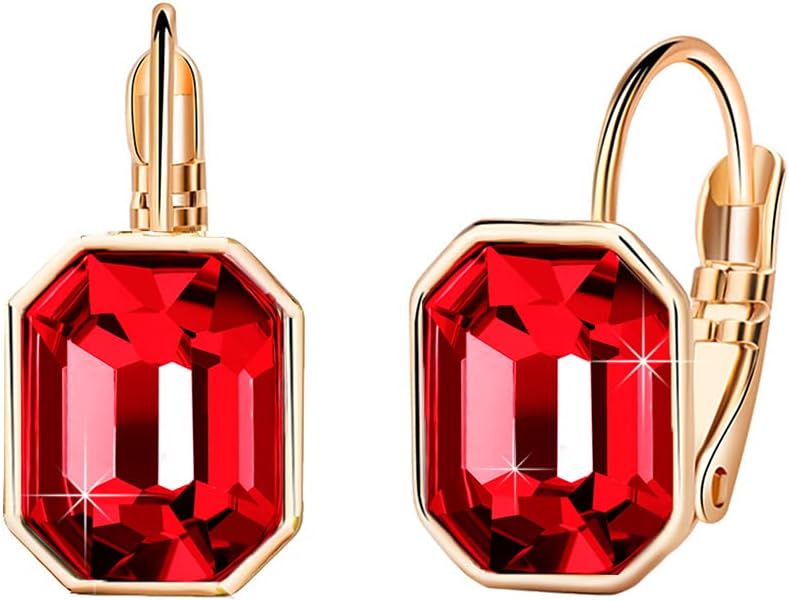 Austrian Crystal Octagon Leverback Drop Earrings for Women 14K Rose Gold Plated Hypoallergenic Jewelry