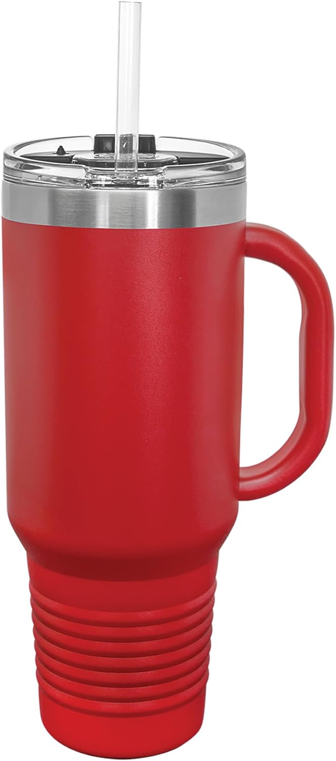 LaserGram 40oz Vacuum Insulated Travel Mug with Handle, Musical Notes, Personalized Engraving Included (Red)