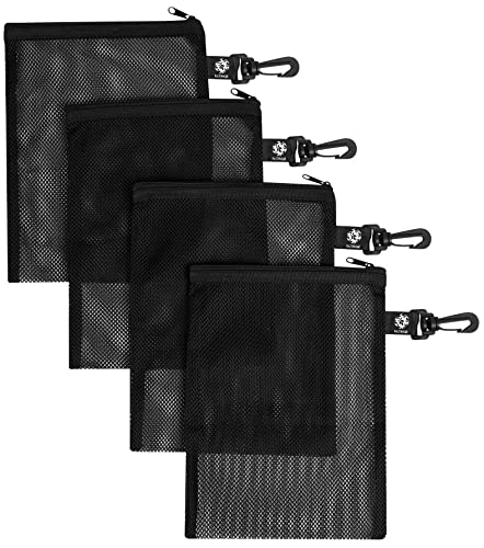 PALTERWEAR Mesh Zipper Bag with Fastening Clip - For Watersports Hiking Snorkeling - Set of 4 (Black, 7 x 9 inch)