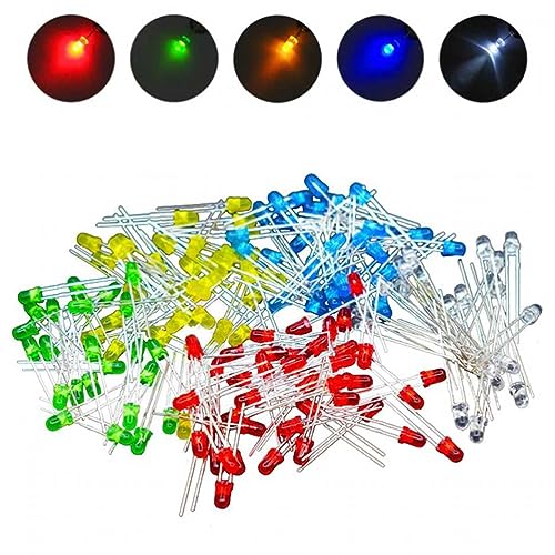 Kit Diversas Cores 100 Leds 3mm Difuso: 20 vermelho, 20 azul, 20 verde, 20 amarelo e 20 branco