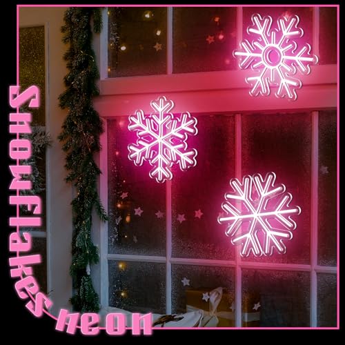 Image of Treela 3 Pcs Pink Snowflakes Lights Christmas Light up Window Lights