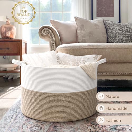 Image of INDRESSME 115L Extra Large Blanket Basket, Soft Cotton Rope Storage Baskets for Organizing Living Room Decor Toy Storage for Kids,Decorative Woven Basket for Laundry & Towels, Light Brown