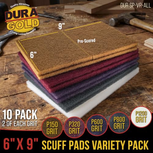 Image of Dura-Gold Premium 6 inch x 9 inch 10 Scuff Pad Variety Pack, 2 Each Maroon, Gray, Gold, Purple and White - Scuffing, Scouring, Sanding, Cleaning, Blending, Paint Surface Prep Adhesion - Automotive Auto Body