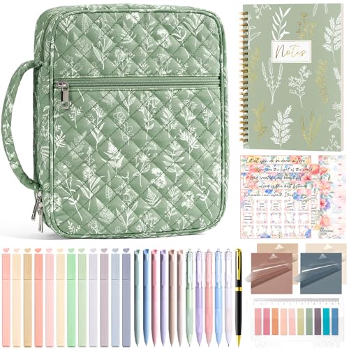 Bible Cover Case for Women Large Bible Bag Bible Study Supplies Journaling Kit Quilted Church Bag with Handle Puffer Book Carrying Case w/Tabs Accessories Kit Christmas Christian Gifts for Women Mom