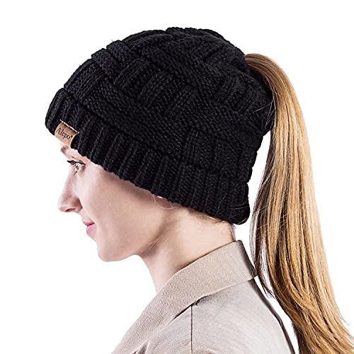 Alepo Womens High Messy Bun Beanie Hat With Ponytail Hole, Winter Warm Trendy Knit Ski Skull Cap (Black) #TOP2