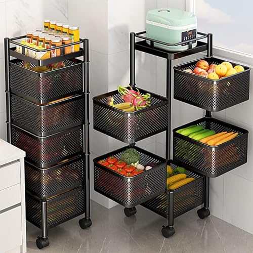 Carrito organizador de cocina rodante con cestas de alambre, estante de almacenamiento giratorio para frutas y verduras, carrito utilitario que ahorra espacio para un fácil acceso