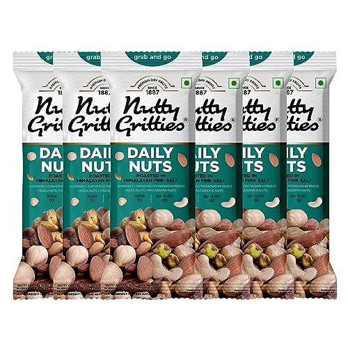 Image of Nutty Gritties Daily Nuts with 5 Exotic Nuts Macadamias, Hazelnuts, Pistachio Kernels, Almonds, Cashews | Dry Roasted with Himalayan Pink Salt | Healthy Snack with Zero Oil, 210g (Each Pouch 35g, Pack of 6)