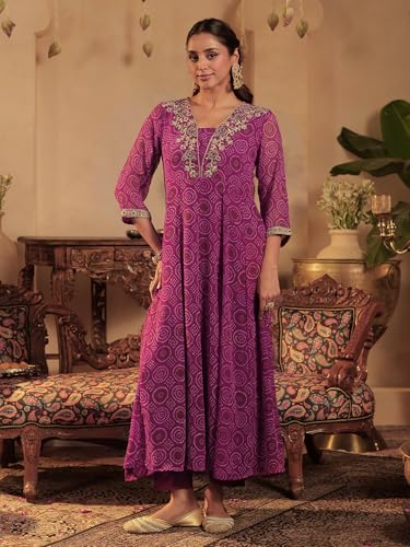 Image of INDO ERA Women's Georgette Floral Embroidered A-Line Kurta & Pant with Dupatta Set