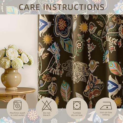 Image of XiDi Olive Green Blackout Curtains Vintage Floral Botanical Patterned Drape | Curtains 96 Inches Long Yellow Green Boho Framhouse Black Out Curtains & Drapes for Living Dining Room 2 Panels 52x96