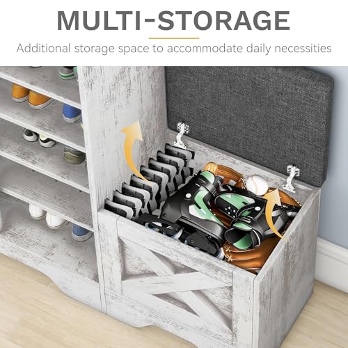 DWVO Farmhouse Shoe Storage Cabinet with Bench, 5-Tier Slim Shoe Cabinet with Adjustable Shelves for 20 Pairs with Sliding Door for Entryway, Hallway, Living Room (Embossed White)