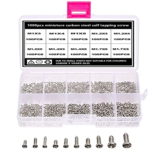 TAIANJI 1000 Pcs Mini Schrauben Set Selbstschneidende Schrauben Kleine Schrauben Silber Mikro Schrauben Set M1 M1.2 M1.4 M1.7 Schrauben Set für Brillen, Uhren, Telefone, Kameras, Laptops usw