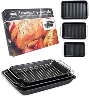 Set of 3 Roasting Baking Tin Trays & Racks Cooking Oven Dish Bakeware Non Stick