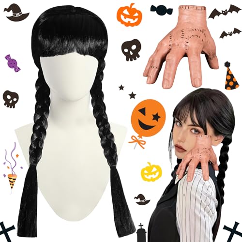 ZQEJEFD Quarta-feira peruca com franjas, Wednesday Family Thing Hand, peruca meninas, mãos látex brinquedos, para decoração de casa, Halloween, carnaval, decoração de acessórios de cosplay