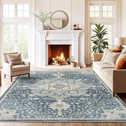 Amada 5x7 Washable Area Rug for Living Room, Blue/Yellow, Vintage Pattern
