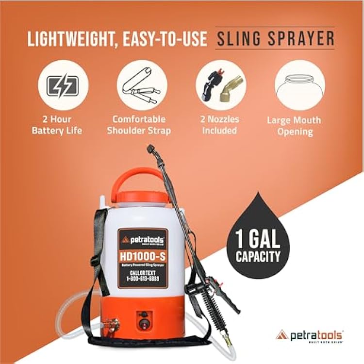 PetraTools Battery Powered Sprayer 1 Gallon - HD1000-S - Heavy Duty Electric Sprayers in Lawn and Garden for Weed/Pest Control, Watering & More - with 8 Nozzles & Strap (1 Gallon ProKit)