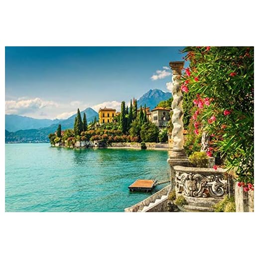 Lake Como, Varenna, Italy - Oleander flowers and Villa Monastero A-9002778 (9x12 Art Print, Wall Decor Travel Poster)