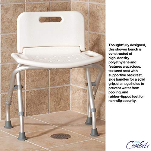 Easycomforts Folding Bath Seat With Back Support, Portable Shower Bench, Rubber Tips, High-Density Polyethylene, White – Overall Bench Seat Measures 17 ½ Inches X 11 Inches, Supports Up To 300 Pounds #TOP5