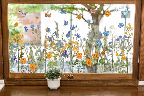 Whaline 6 Sheet Summer Wildflower Window Clings Vintage Blue Orange Floral Glass Sticker Watercolor Double-Sided Reusable Window Decals for Home School Office Spring Party Supplies