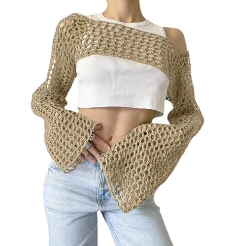 Women's Mesh Crochet Crop Tops Shrugs Sexy Y2k Hollow Out Cropped Knit Sweater See Through Bikini Cover Ups
