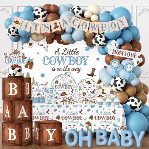 Cowboy Baby Shower Decorations for Boy All-in-1 Retro Western Baby Shower Decorations with Balloon Arch Baby Boxes Plates Napkins Cake Toppers Tablecloth Backdrop Banner for Cowboy Rodeo Baby Shower