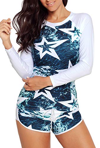 Runtlly Womens Rash Guard Swimsuit Long Sleeve Sun Protection Sport Printed Wetsuit Two Piece Swimsuit Set UPF 50+2